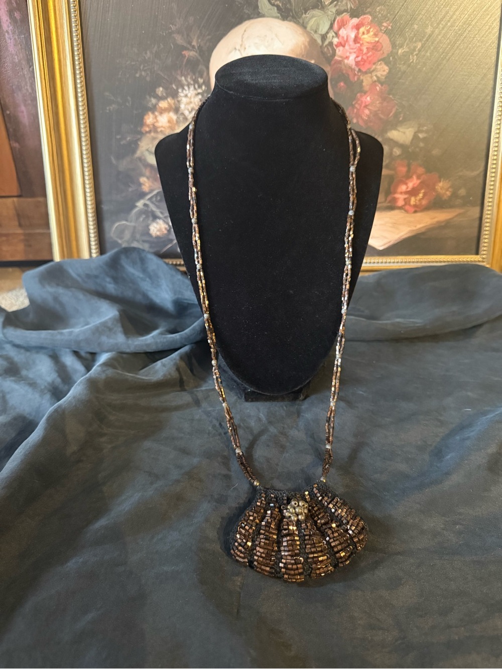 Hand-Beaded Shell Purse Pendant Necklace - Black/Brown